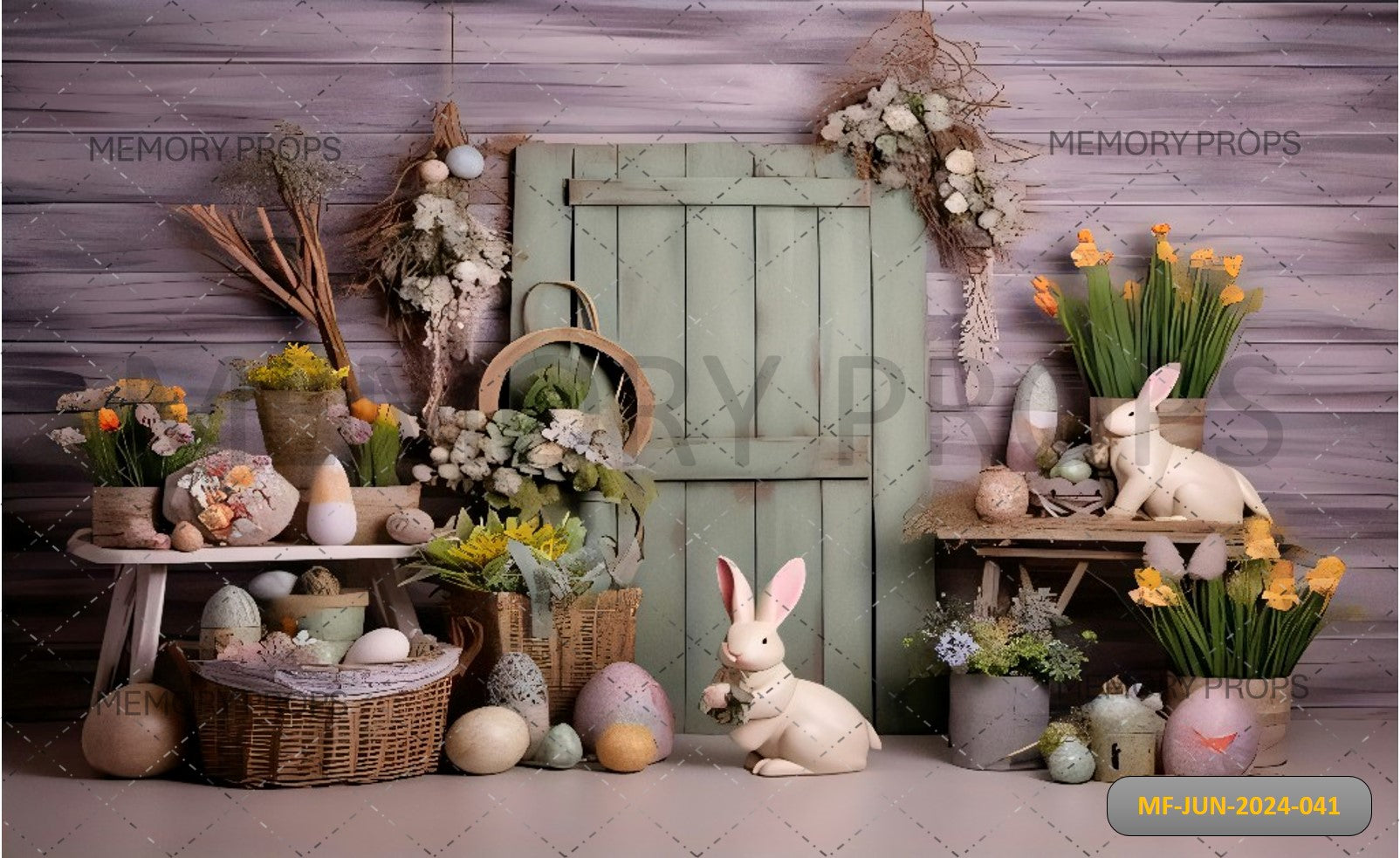 Avezano Easter Decorated Wooden Door And Rabbit Printed Backdrops