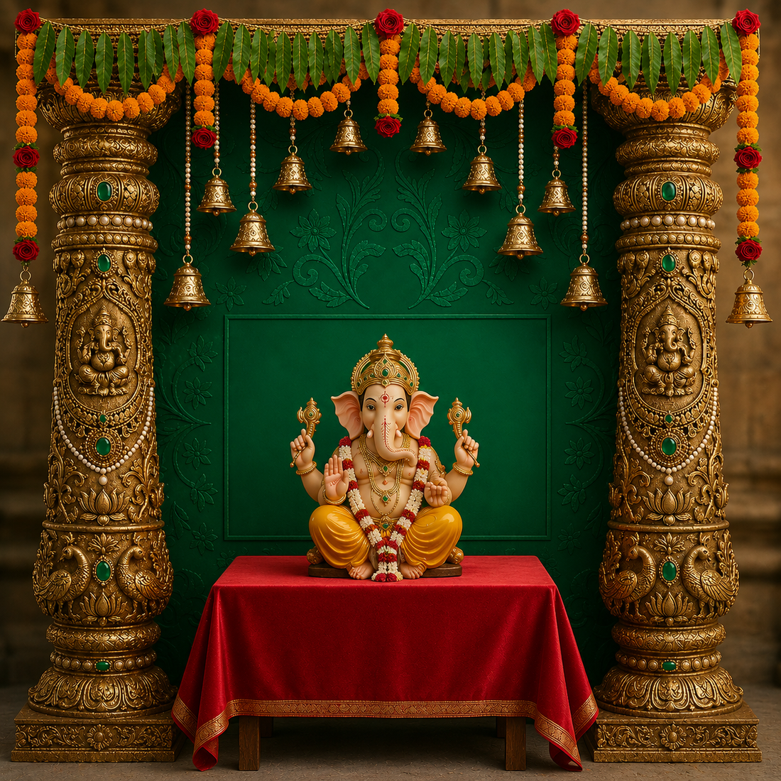 ROYAL GREEN GOLD TEMPLE PILLAR FLORAL SETUP - PRINTED BACKDROP