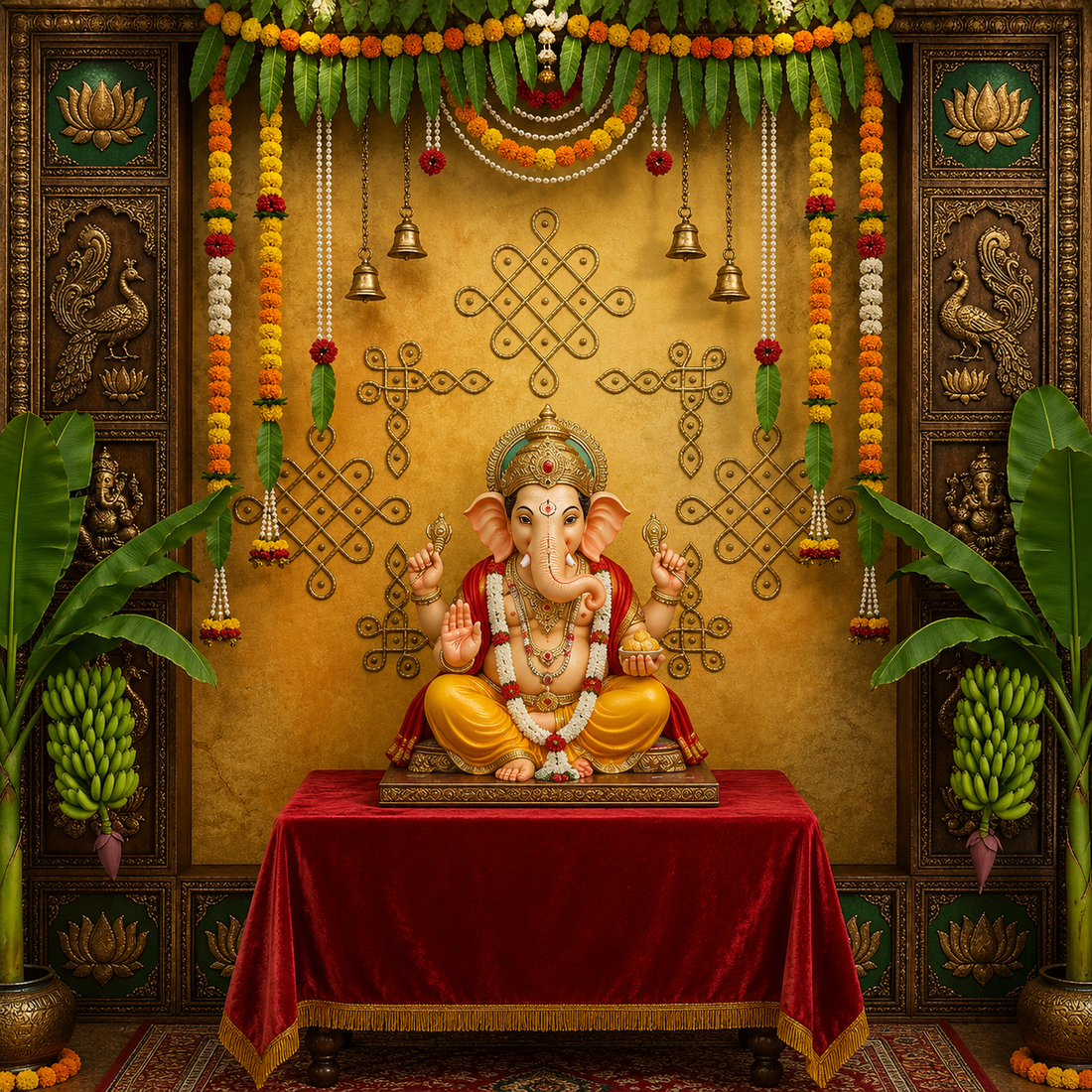 ROYAL GOLD GREEN LOTUS KOLAM TEMPLE SETUP - PRINTED BACKDROP