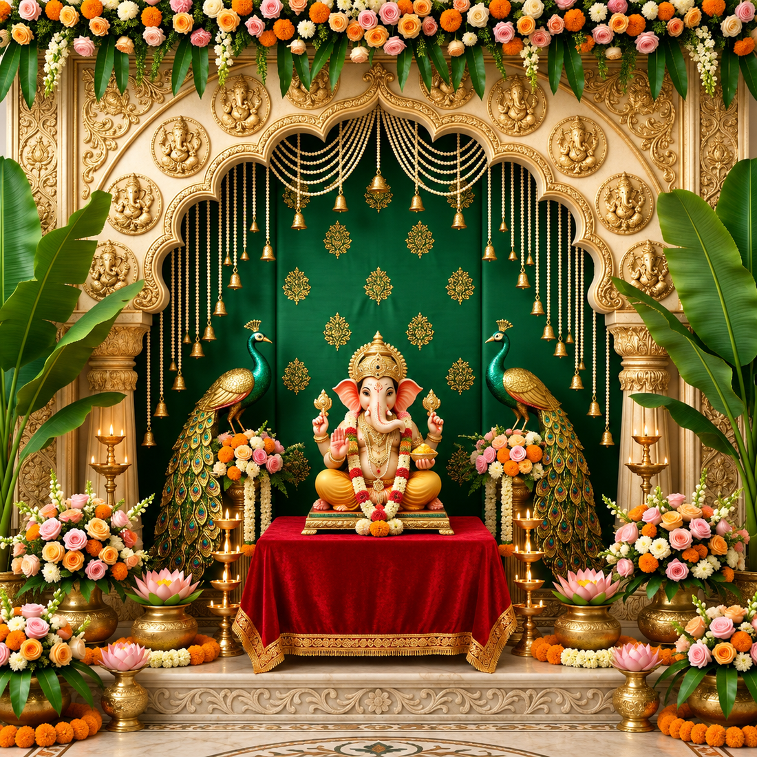 ROYAL GREEN PEACOCK FLORAL ARCH PALACE SETUP - PRINTED BACKDROP
