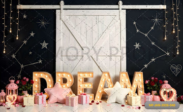 CELESTIAL DREAM THEMED SET WITH WHITE BARN DOOR, LIGHT-UP MARQUEE LETTERS, AND CONSTELLATION WALL PRINTED BACKDROP