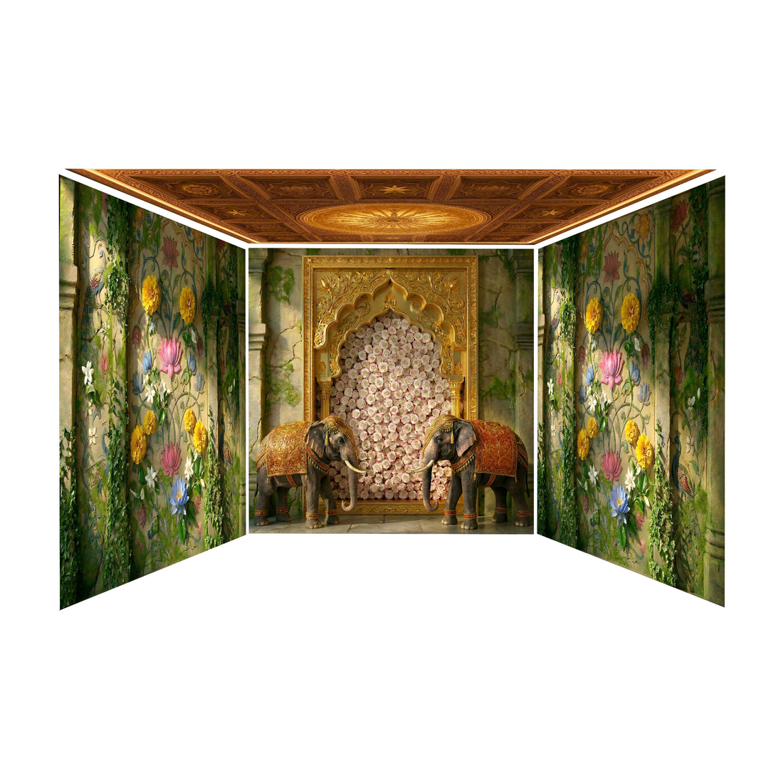 ROYAL DECORATED ELEPHANTS, FLORAL JHAROKHA, AND BOTANICAL FRESCO WALLS GANESH PANDAL - PRINTED BACKDROP