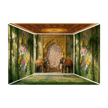 OPULENT 3D ROOM SET WITH ROYAL DECORATED ELEPHANTS, FLORAL JHAROKHA, AND BOTANICAL FRESCO WALLS GANESH PANDAL - PRINTED BACKDROP