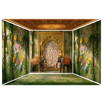 ROYAL DECORATED ELEPHANTS, FLORAL JHAROKHA, AND BOTANICAL FRESCO WALLS GANESH PANDAL - PRINTED BACKDROP