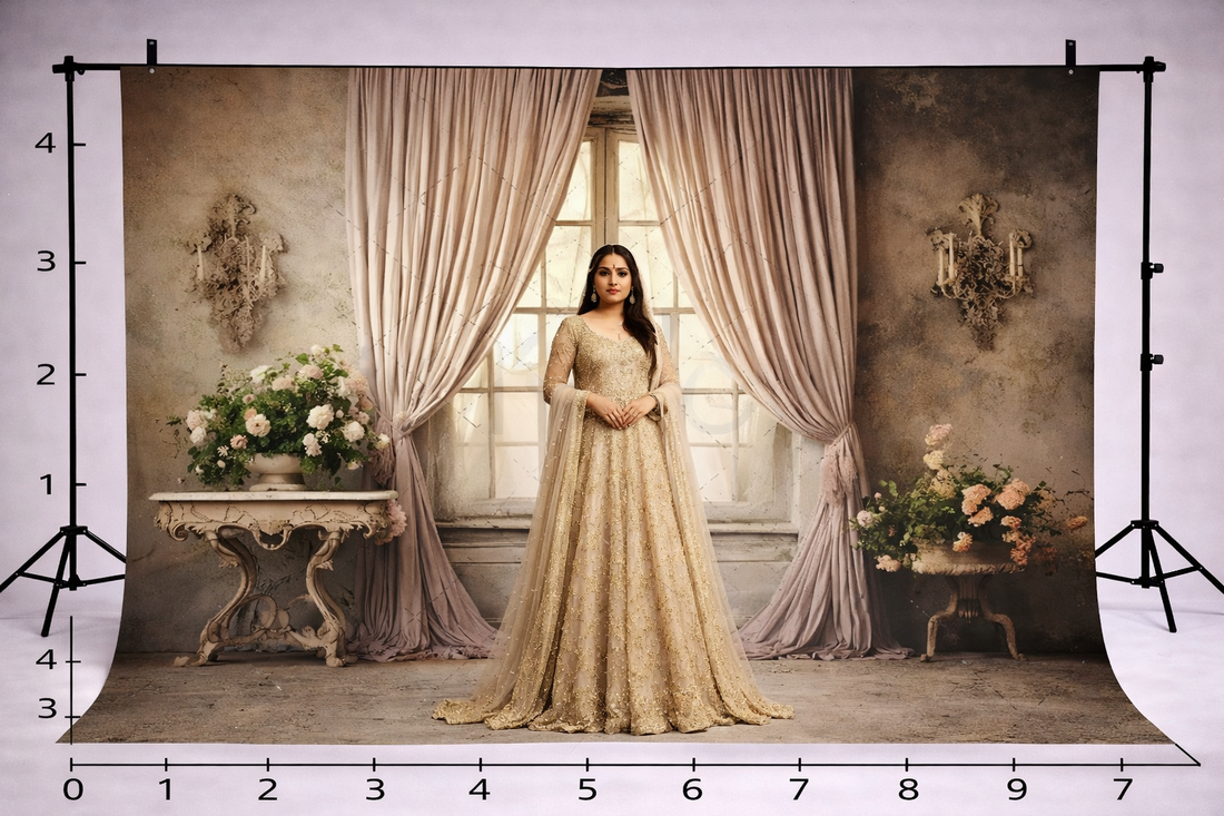 FLOWERS WITH  CURTAIN AND WINDOW PRINTED BACKDROP