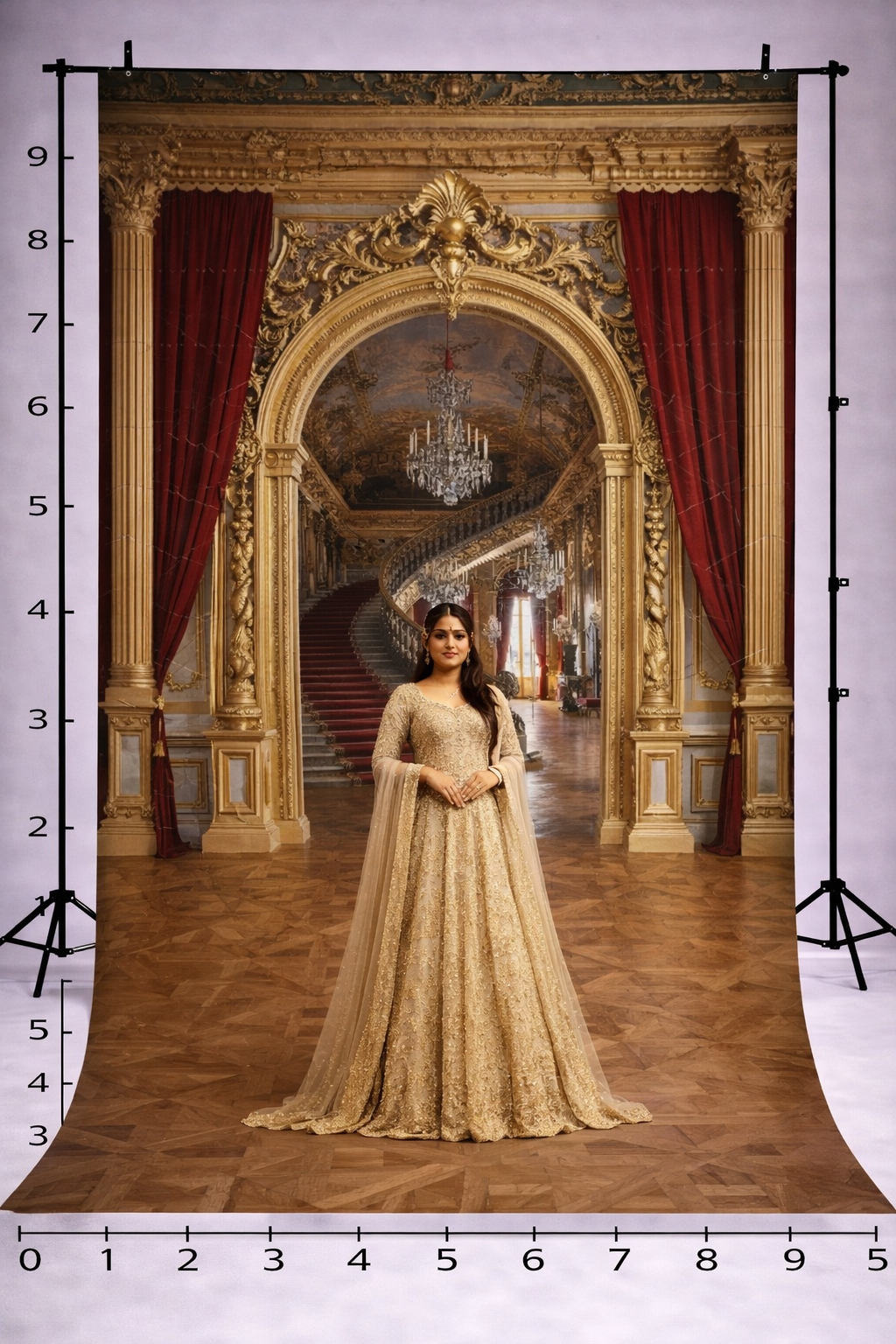 RED VELVET AND GOLD MANSION STAIRCASE - PRINTED BACKDROP