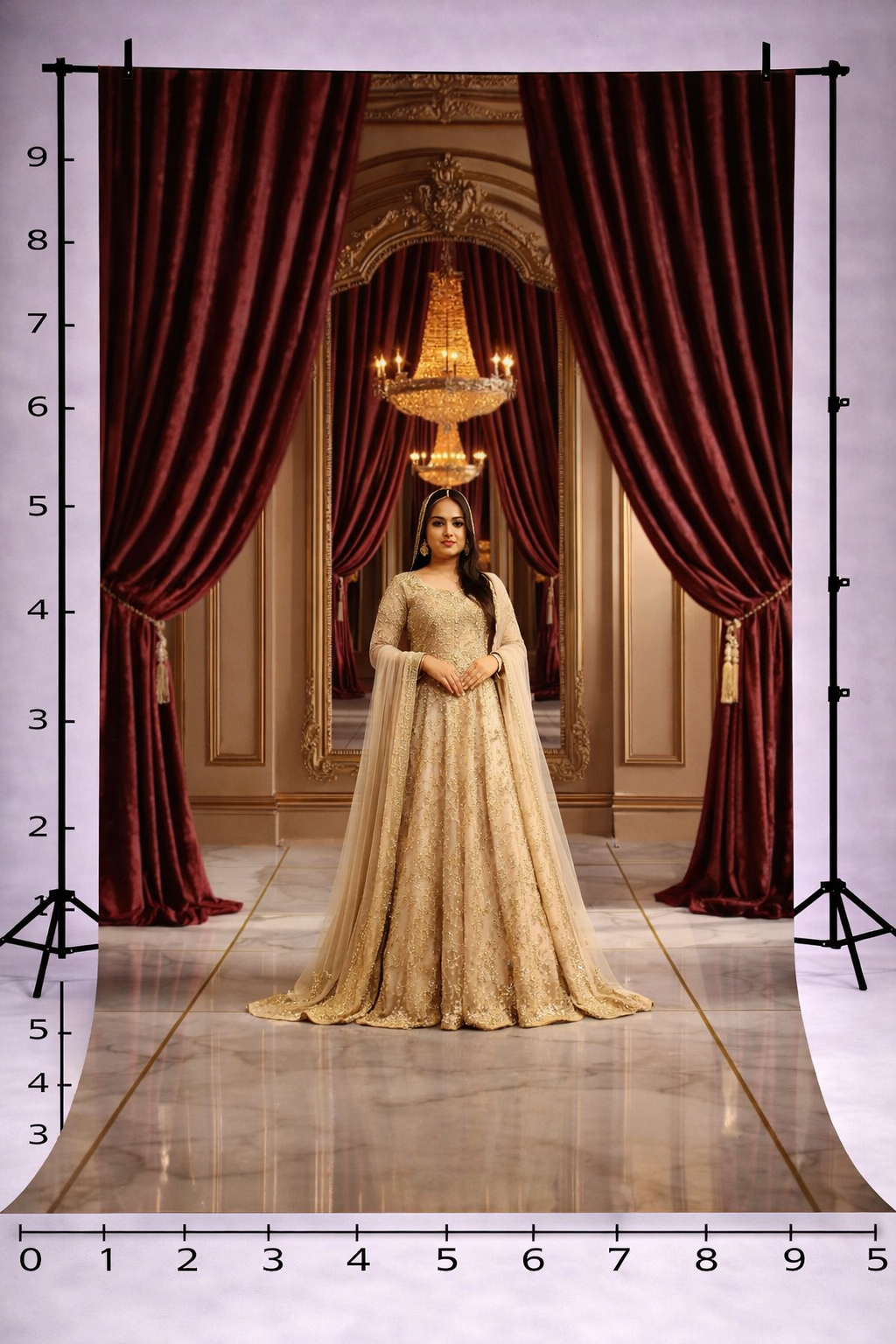 LUXURY GRAND BALLROOM WITH RED CURTAINS AND CHANDELIER - PRINTED BACKDROP