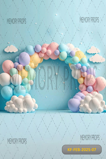 BLUE SKY CLOUDS PINK BALLOON - KIDS WITH FLOOR BACKDROP
