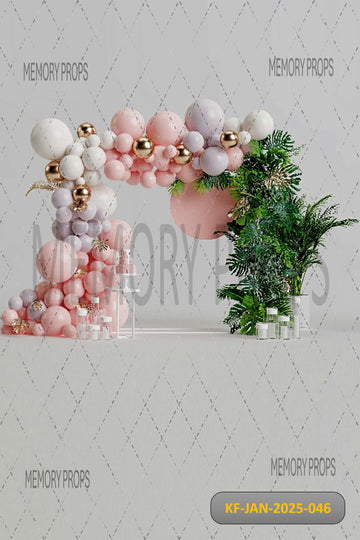 PINK & GREY BALLOON ARCH - KIDS WITH FLOOR BACKDROP