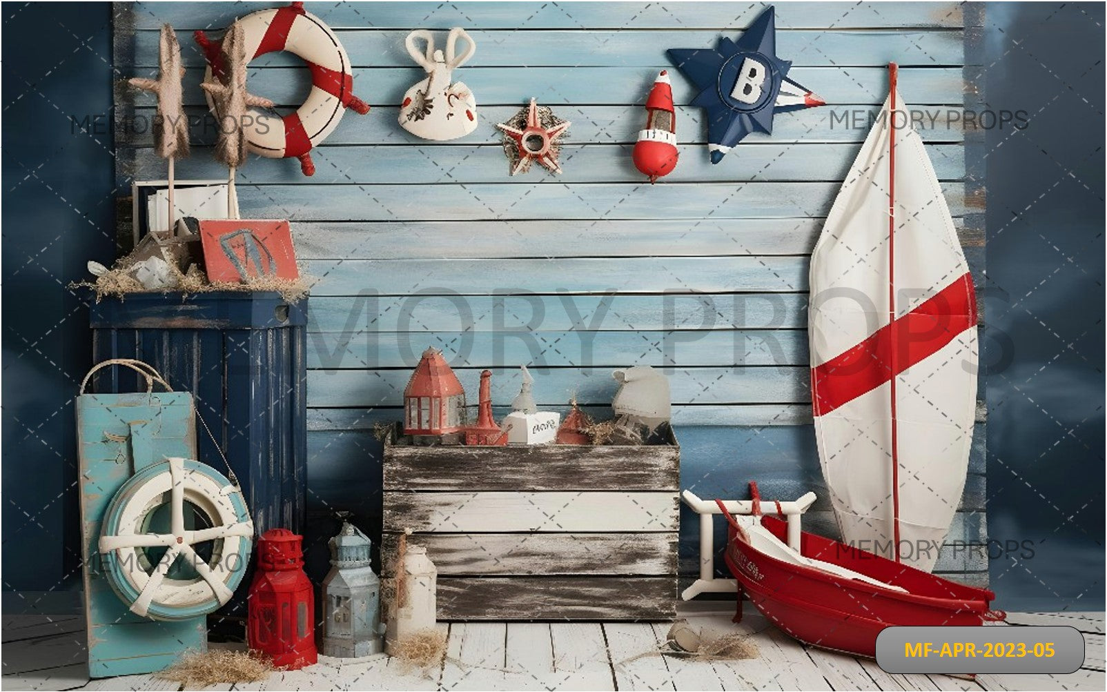 Blue Wall With A Boat And A Saillboat Printed Backdrop