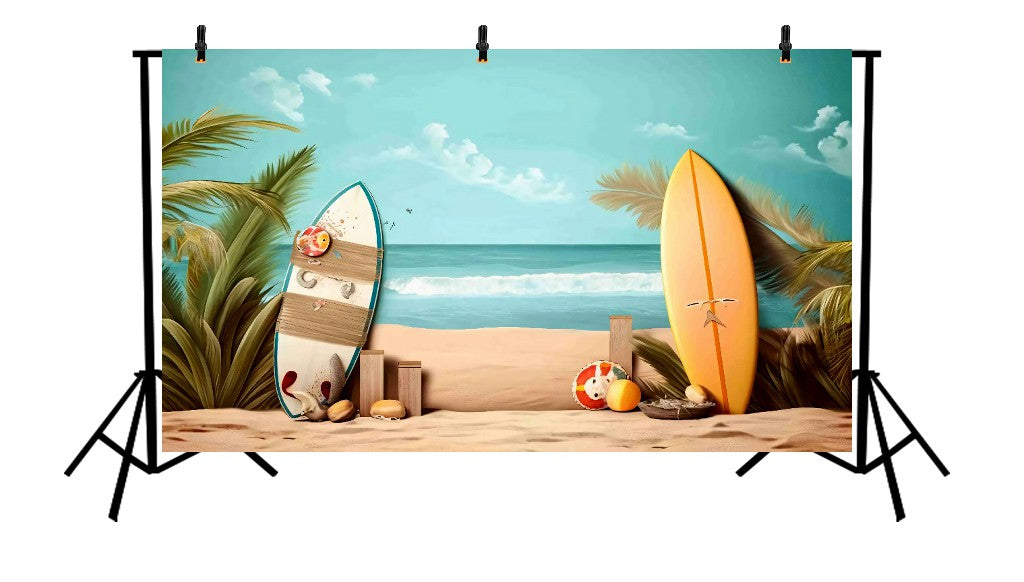 BEACH SCENE WITH SURFBOARDS AND A PALM TREE ON THE SAND - PRINTED BACKDROP