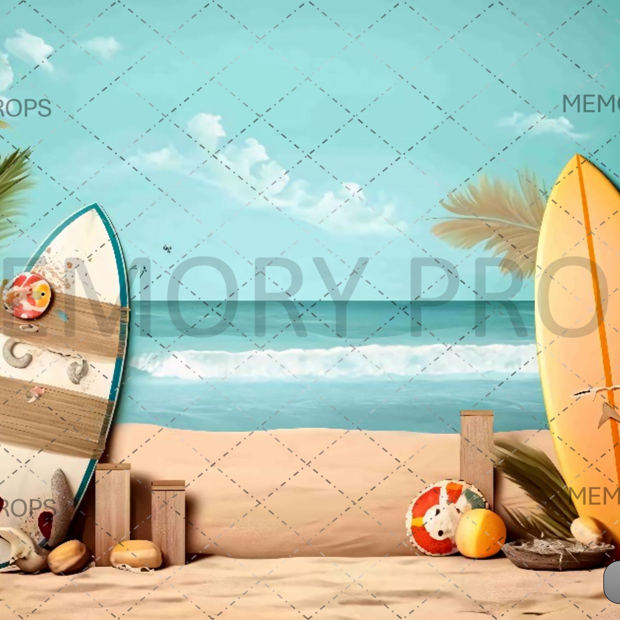 BEACH SCENE WITH SURFBOARDS AND A PALM TREE ON THE SAND - PRINTED BACKDROP