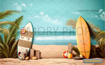 BEACH SCENE WITH SURFBOARDS AND A PALM TREE ON THE SAND - PRINTED BACKDROP