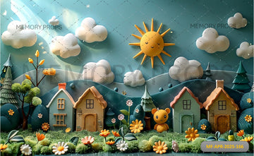 COLOURFUL CARTOON VILLAGE - PRINTED BACKDROP