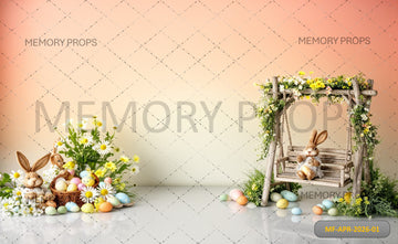 EASTER BUNNY GARDEN SWING WITH FLORAL BASKET AND PASTEL EGGS - PRINTED BACKDROP
