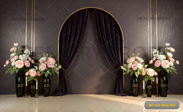 ELEGANT DARK ARCH WITH DRAPED CURTAINS AND FLORAL DECOR PRINTED BACKDROP