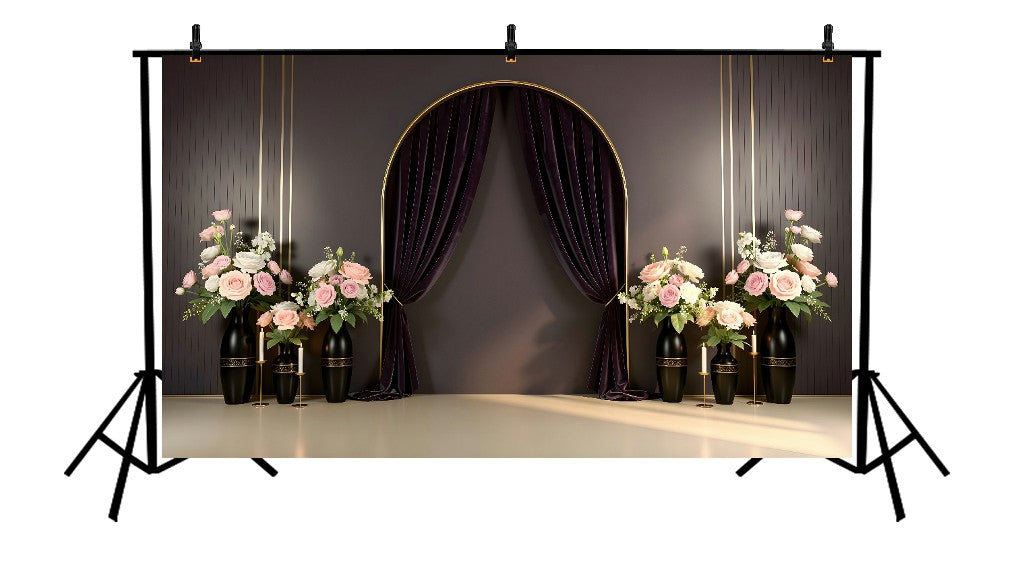 ELEGANT DARK ARCH WITH DRAPED CURTAINS AND FLORAL DECOR PRINTED BACKDROP