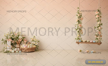 EASTER BUNNY GARDEN SWING WITH FLORAL DECOR AND PASTEL EGG BASKET PRINTED BACKDROP