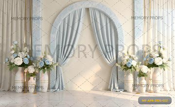 ELEGANT WHITE AND BLUE FLORAL ARCH WITH DRAPED CURTAINS - PRINTED BACKDROP