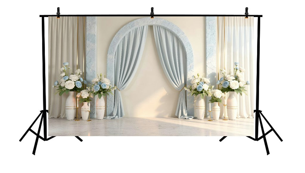 ELEGANT WHITE AND BLUE FLORAL ARCH WITH DRAPED CURTAINS - PRINTED BACKDROP