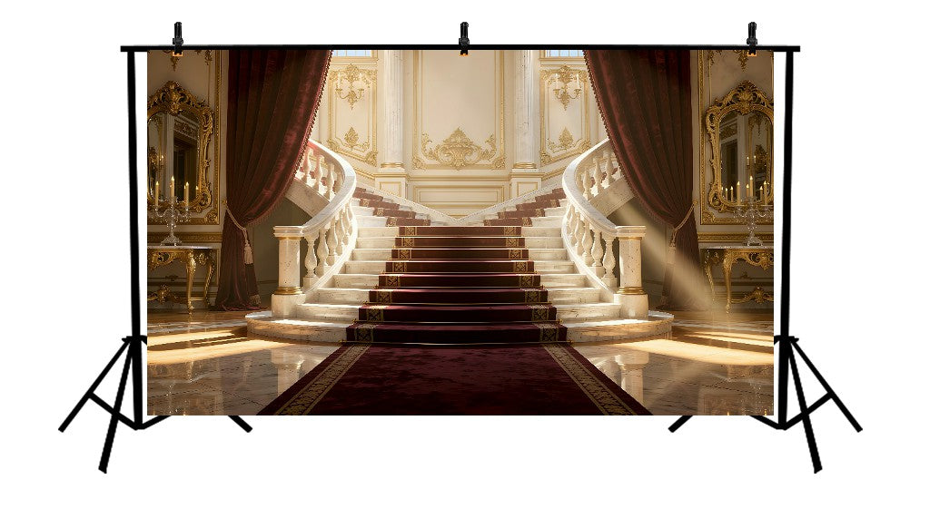 ROYAL PALACE GRAND STAIRCASE WITH RED CARPET AND GOLD DECOR - PRINTED BACKDROP