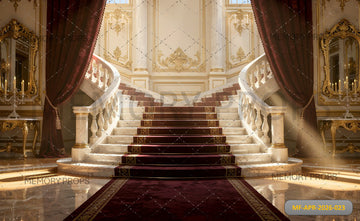 ROYAL PALACE GRAND STAIRCASE WITH RED CARPET AND GOLD DECOR - PRINTED BACKDROP