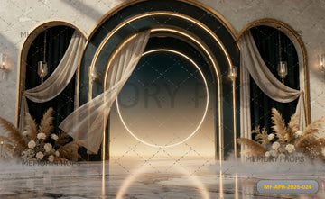 LUXURY GOLDEN ARCH WITH LED RING AND DRAPED CURTAINS - PRINTED BACKDROP