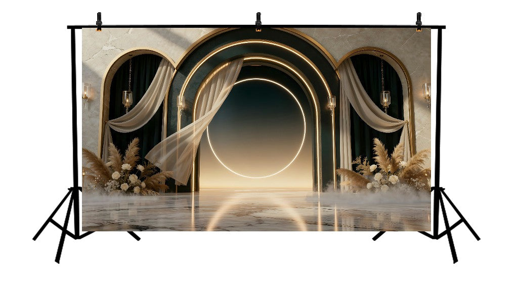LUXURY GOLDEN ARCH WITH LED RING AND DRAPED CURTAINS - PRINTED BACKDROP