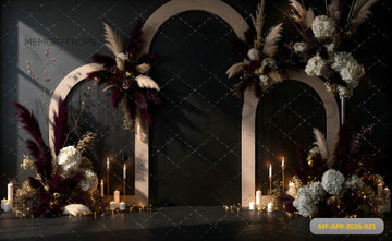 LUXURY BOHO ARCH WITH CANDLES AND FLORAL ARRANGEMENT - PRINTED BACKDROP