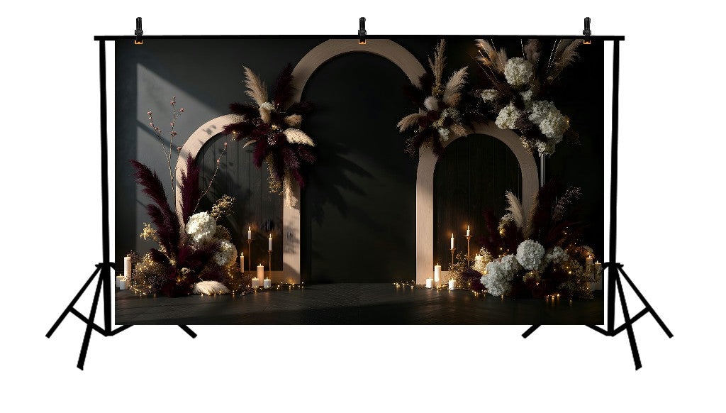 LUXURY BOHO ARCH WITH CANDLES AND FLORAL ARRANGEMENT - PRINTED BACKDROP