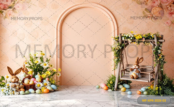 EASTER BUNNY ARCH GARDEN SWING WITH FLORAL BASKET AND PASTEL EGGS - PRINTED BACKDROP