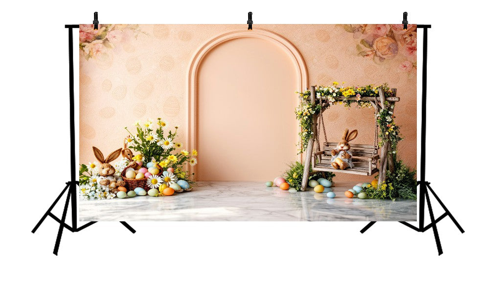 EASTER BUNNY ARCH GARDEN SWING WITH FLORAL BASKET AND PASTEL EGGS - PRINTED BACKDROP