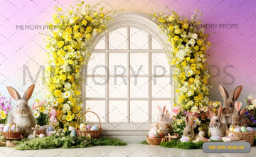 EASTER SPRING WINDOW ARCH WITH YELLOW FLORAL DECOR AND BUNNY GARDEN - PRINTED BACKDROP