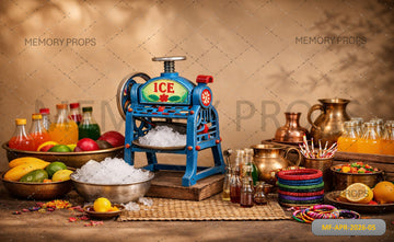 COLORFUL STREET JUICE CART WITH ICE SHAVER AND TRADITIONAL DRINK SETUP PRINTED BACKDROP
