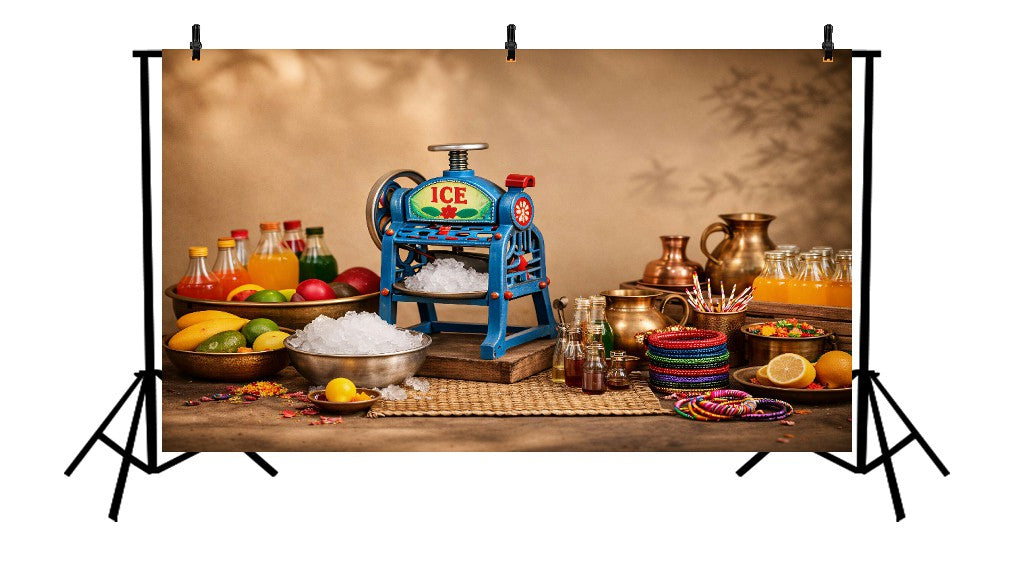 COLORFUL STREET JUICE CART WITH ICE SHAVER AND TRADITIONAL DRINK SETUP PRINTED BACKDROP