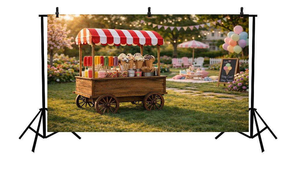 VINTAGE ICE CREAM CART WITH COLORFUL POPSICLES AND GARDEN PARTY SETUP - PRINTED BACKDROP