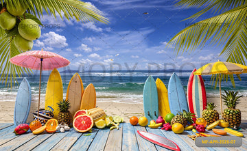 TROPICAL BEACH SURFBOARD PARADISE WITH COLORFUL FRUITS AND SUMMER VIBES - PRINTED BACKDROP