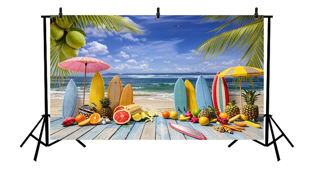 TROPICAL BEACH SURFBOARD PARADISE WITH COLORFUL FRUITS AND SUMMER VIBES - PRINTED BACKDROP