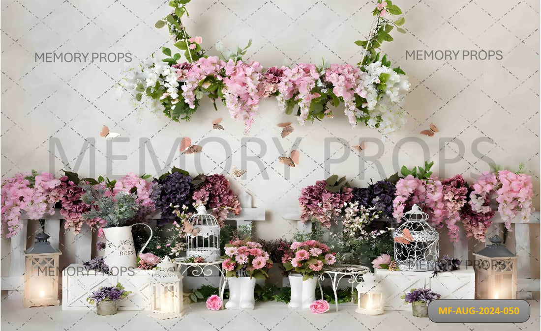 SPRING FLOWERS GARDEN + WHITE WOODEN BACKDROPS