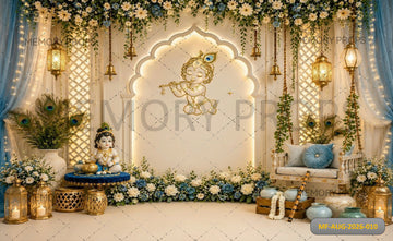 BABY KRISHNA BLUE FLORAL PALACE SETUP - PRINTED BACKDROP