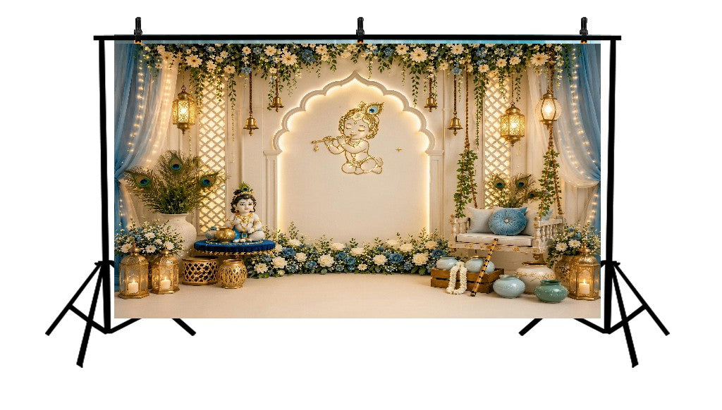 BABY KRISHNA BLUE FLORAL PALACE SETUP - PRINTED BACKDROP