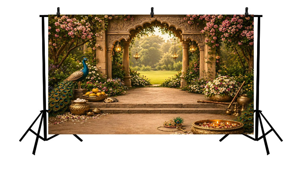 TRADITIONAL ROYAL VRINDAVAN GARDEN ARCH PEACOCK - PRINTED BACKDROP