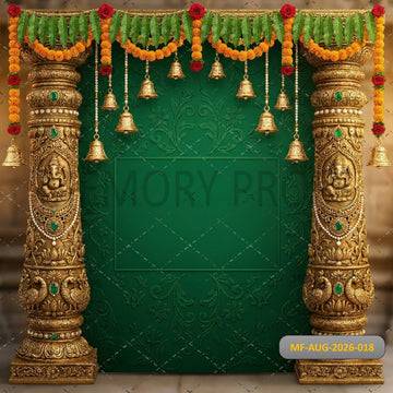 ROYAL GREEN GOLD TEMPLE PILLAR FLORAL SETUP - PRINTED BACKDROP