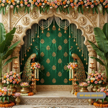 ROYAL GREEN PEACOCK FLORAL ARCH PALACE SETUP - PRINTED BACKDROP