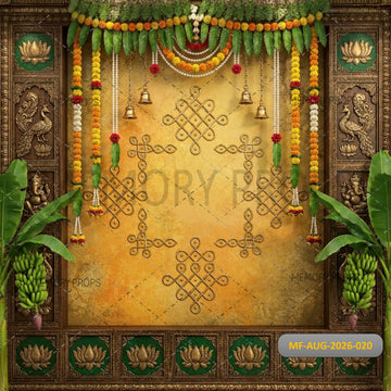ROYAL GOLD GREEN LOTUS KOLAM TEMPLE SETUP - PRINTED BACKDROP