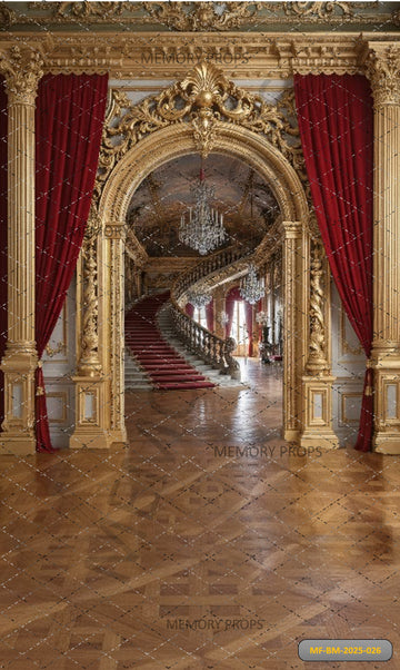 RED VELVET AND GOLD MANSION STAIRCASE - PRINTED BACKDROP