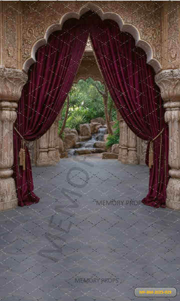 REGAL ARCHWAY WITH DEEP RED CURTAINS AND WATERFALL VIEW - PRINTED BACKDROP