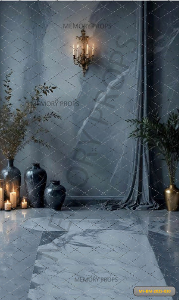 LUXURY GREY MARBLE WALL WITH CANDELABRA AND VASES - PRINTED BACKDROP