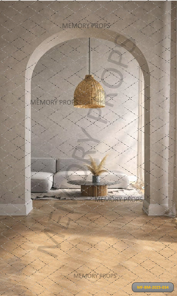 BOHO CHIC INTERIOR ARCH WITH WICKER PENDANT LIGHT - PRINTED BACKDROP