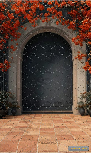 STONE ARCHWAY WITH VIBRANT RED AUTUMN FLORALS - PRINTED BACKDROP